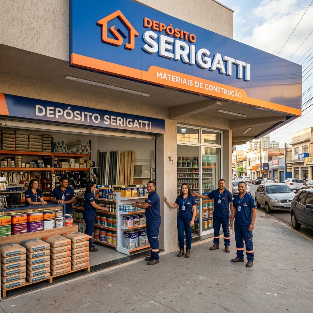 Fachada do Depósito Serigatti com equipe em Santo André