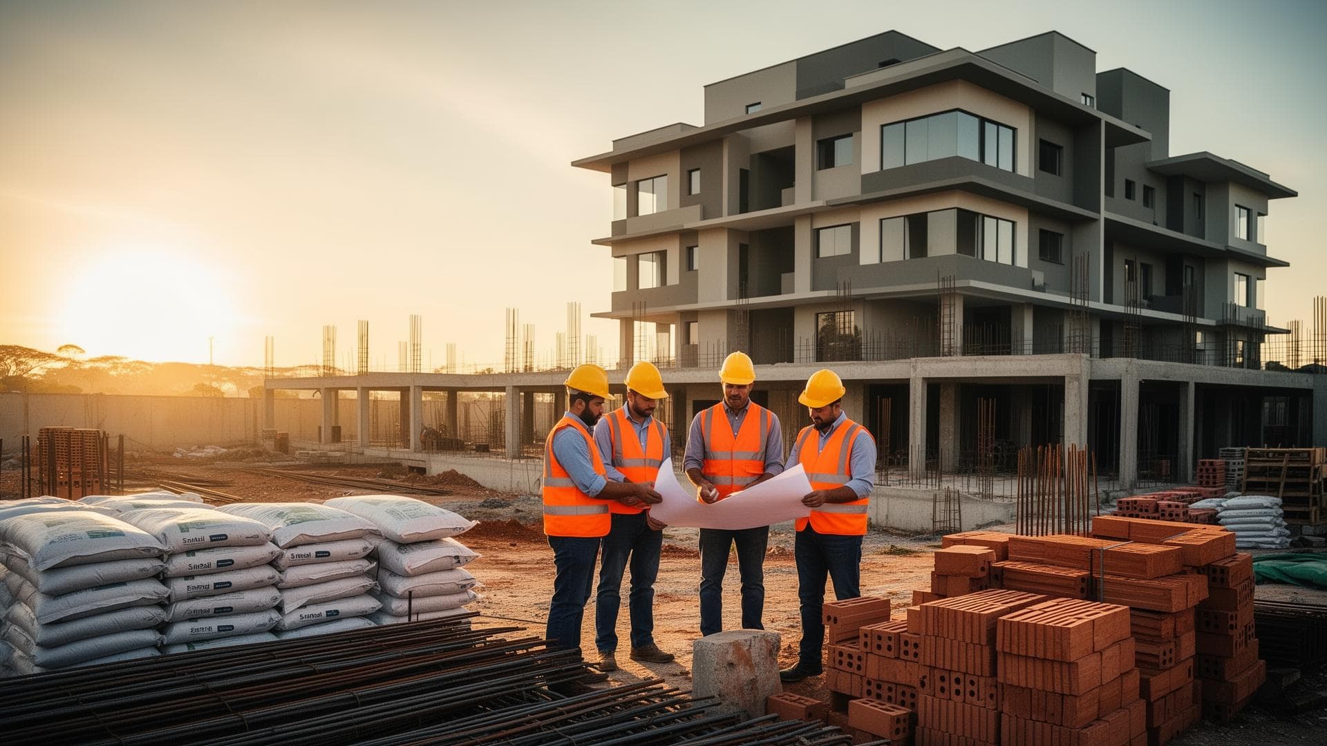 Equipe profissional analisando projeto em obra moderna em Santo André
